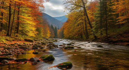 Colorful autumn forest and river in the Carpathian mountains.