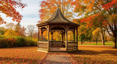 Wooden gazebo in the autumn park with fallen leavesの写真素材