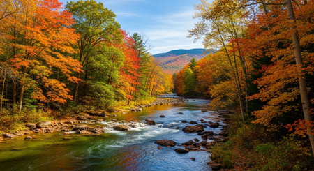 Autumn landscape with a mountain river in the forest. Beautiful nature background.