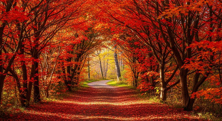 Autumn road in the forest with red maple leaves on the ground