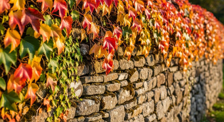 Colorful autumn leaves on a stone wall in a vineyard.