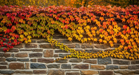 Colorful autumn leaves on a stone wall in the park. Selective focus.の写真素材