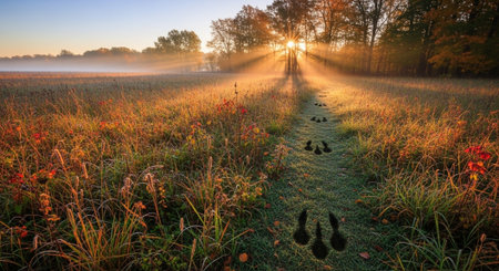 Path through a foggy meadow at sunrise. Landscape.