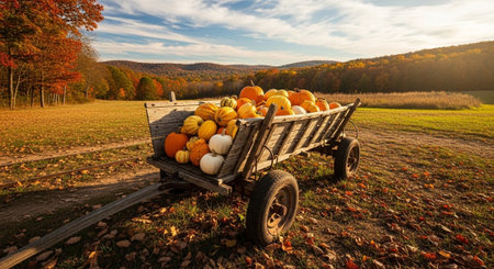 Harvested pumpkins in a wooden cart on a sunny autumn day