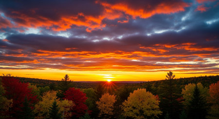 Beautiful sunset in the autumn forest. Panoramic view.