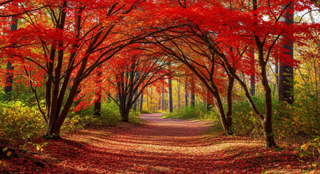 Autumn in the park with red leaves of trees and path.