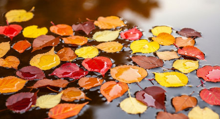 Colorful autumn leaves floating on water surface. Fall season concept.の写真素材