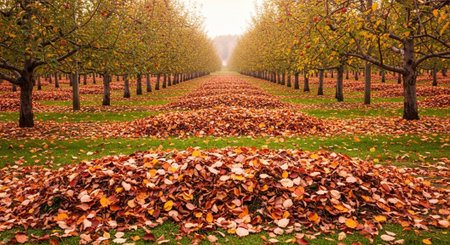 Autumnal alley of apple orchard with fallen leaves in the park