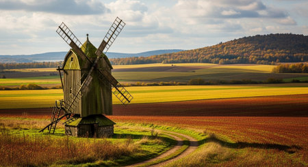 An image of a windmill in the middle of the field.