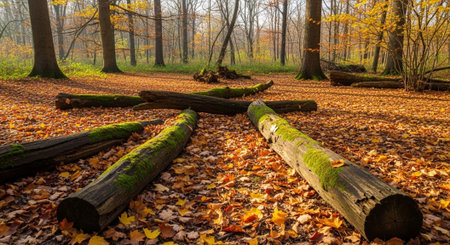 Autumn forest with fallen trees and fallen leaves. Beautiful autumn landscape.