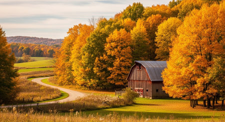 Autumn landscape with a red barn in the countryside of Pennsylvania.