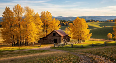 Autumn landscape with a barn in the foreground and trees in the background
