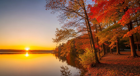 Beautiful autumn landscape with colorful trees on the lake shore at sunsetの写真素材