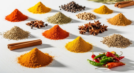Spices and herbs on a white wooden background. Food and cuisine ingredients.
