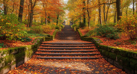 Stairs in the autumn park. Autumn landscape. Beautiful autumn forest.