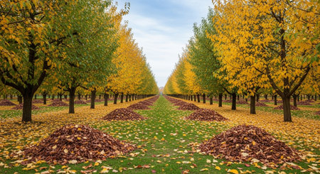 Autumnal trees in a row with fallen leaves in the park