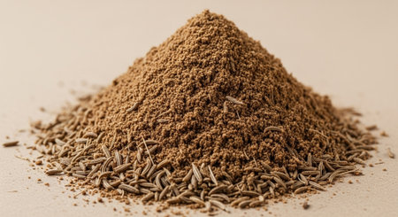 Heap of cumin powder on light background. Selective focus.