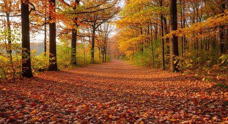 Autumn forest road with colorful leaves in the morning. Beautiful nature scene.