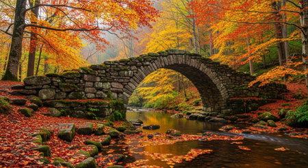 Autumn landscape with a stone bridge over a stream in the forest