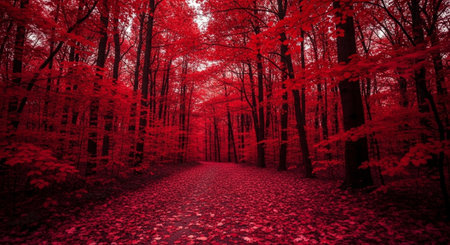 Beautiful autumn forest with red trees and path. 3d rendering