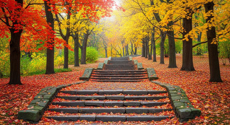 Autumn landscape with colorful trees and stairs in the city park.