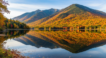 Mountain lake with colorful autumn trees reflected in the calm water.