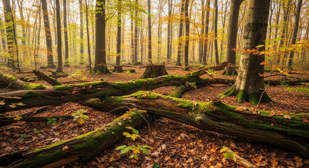 Beech forest in autumn colors in the morning with fallen tree trunks