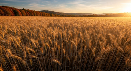 Sunset over wheat field in autumn. Panoramic view.