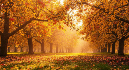 Autumnal alley with fallen leaves and fog in the park.