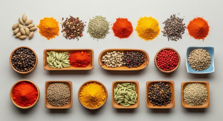 Spices and herbs in wooden bowls on grey background. Top view