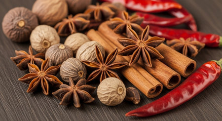 Spices and herbs on wooden background. Food and cuisine ingredients.