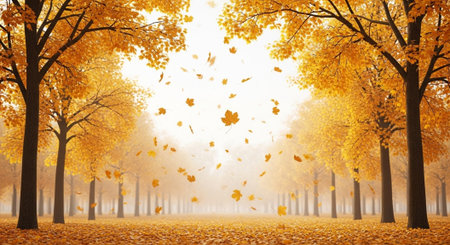 Autumn landscape with yellow trees and falling leaves. 3d render