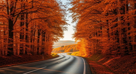 Road in autumn forest at sunset. Nature background. 3d renderingの写真素材