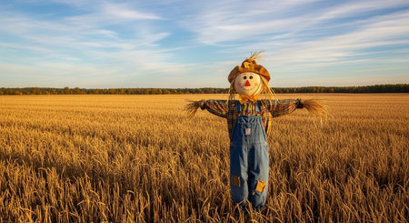 A scarecrow stands in a wheat field on a sunny day.の写真素材