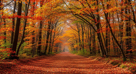 Autumn forest in the morning. Colorful trees in autumn forest
