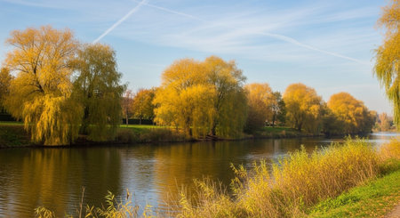 Panoramic view of the autumn landscape with willow trees and riverの写真素材