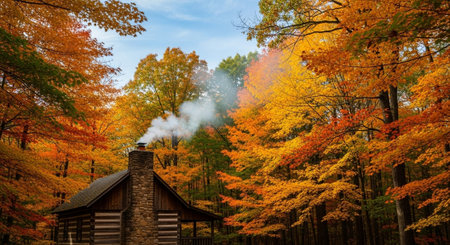 Wooden cabin in the autumn forest with a smoking chimney.
