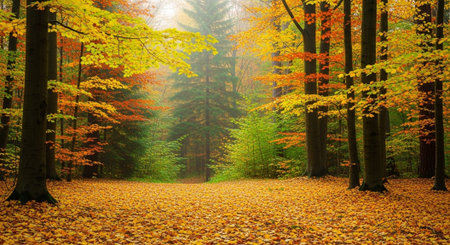 Colorful autumn forest with fog and sunbeams. HDR image
