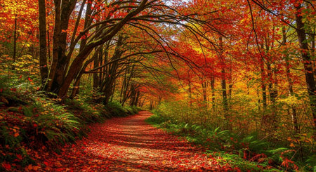 Path in the autumn forest. Colorful trees in autumn forest.