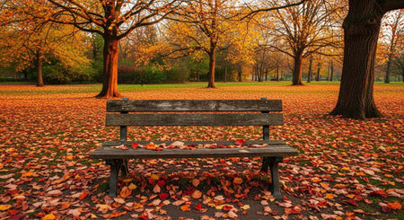 Bench in the autumn park. Beautiful autumn landscape in the park.