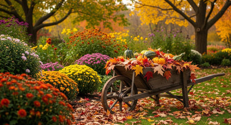 Autumn garden with colorful pumpkins, flowers and wooden wheelbarrowの写真素材