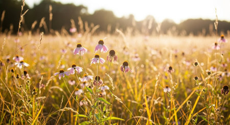 Purple coneflowers in the meadow at sunset.