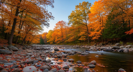 Beautiful autumn landscape with a river and colorful trees in the forest