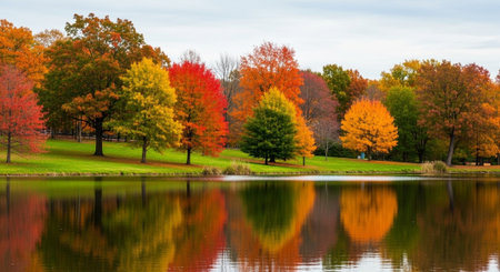 Autumn landscape with colorful trees and lake in park. Fall season.