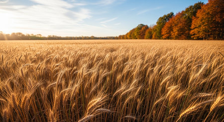 golden wheat field and blue sky in autumn, panoramic viewの写真素材