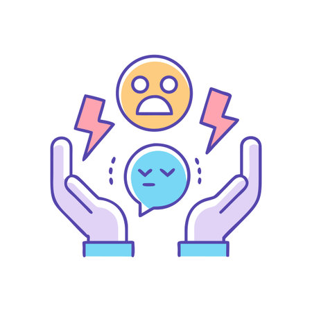 Hands Holding Emotional Symbols: Sadness, Frustration, and Communication Difficulties in a Flat Styleのイラスト素材