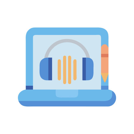 Digital audio workstation concept: Laptop, headphones, sound wave, and graphic pencil iconのイラスト素材