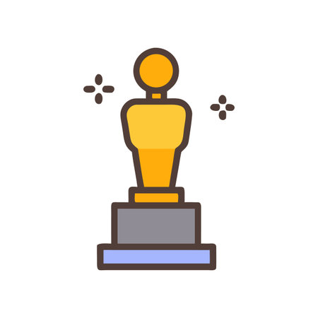 Golden award trophy on a gray and blue pedestal with sparkling starsのイラスト素材