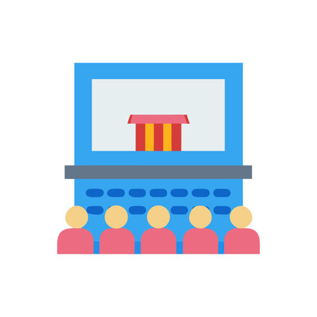 Graphic depiction of a conference presentation with an audience sitting in rowsのイラスト素材