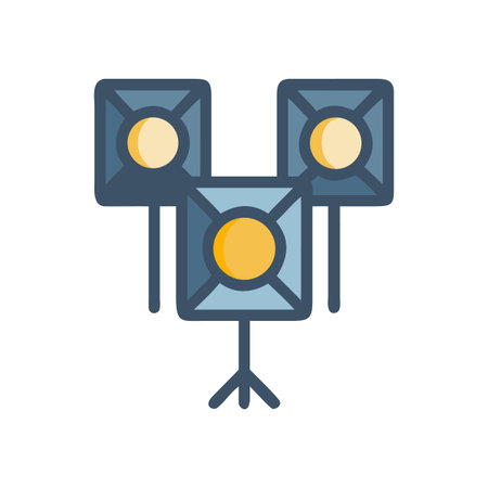 Studio lighting setup with three spotlights on stands, illuminated on black backgroundのイラスト素材